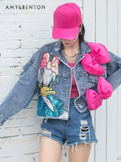 Fashion Brand Jeans Coat Women's Spring Autumn New Heavy Industry Cartoon Sequins Chaqueta High Street Loose-Fitting Denim Coats SS69
