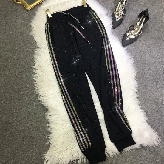 Oversized four-bar rhinestone diamond fall and winter sweatpants Slimming ankle tracksuit pants for women SS69 35.69 black / 1XL