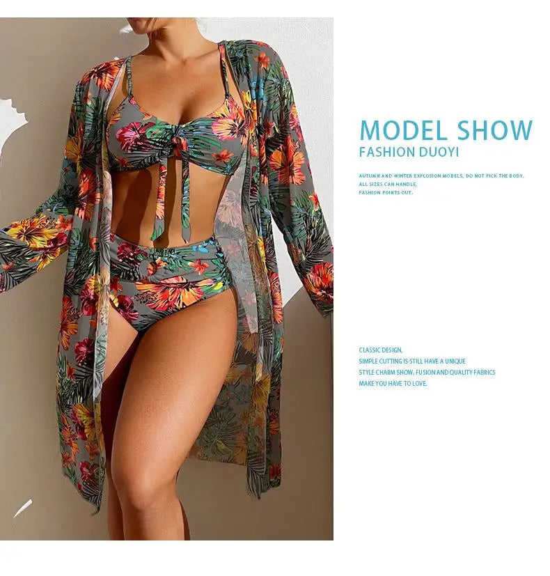 Size S-3XL Bikini Three Pieces Floral Printed Swimsuit Women Bikini Set With Mesh Long-Sleeved Blouse,Bra Top with Pad Swimwear SS69