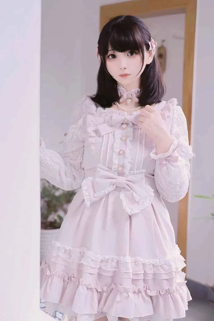 Japanese Liz Dresses Women Autumn New Girl's Sweet Cute Bud Mini Series Mass Production Angel Small Cake Dress Bow Lolita Dress
