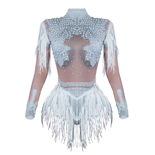 SS69 Women's Rhinestone Tassel Bodysuit Cotton Blend Stage Dance Leotard