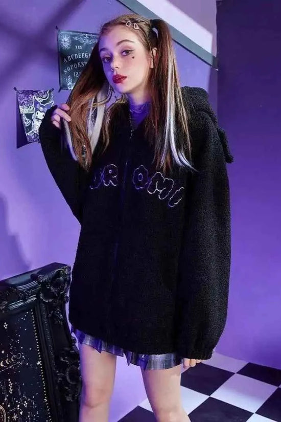 Sanrio New Hoodie Hooded Kuromi Cute Thicken Coat Fleece-Lined Embroidery Women's Loose Plus Size Hoodie Autumn and Winter Ins