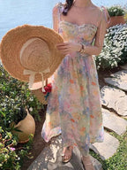French Elegant Floral Strap Dress Women Sweet Beach Style Korean Fashion Clothing Evening Party Vintage Midi Dress Evening Party
