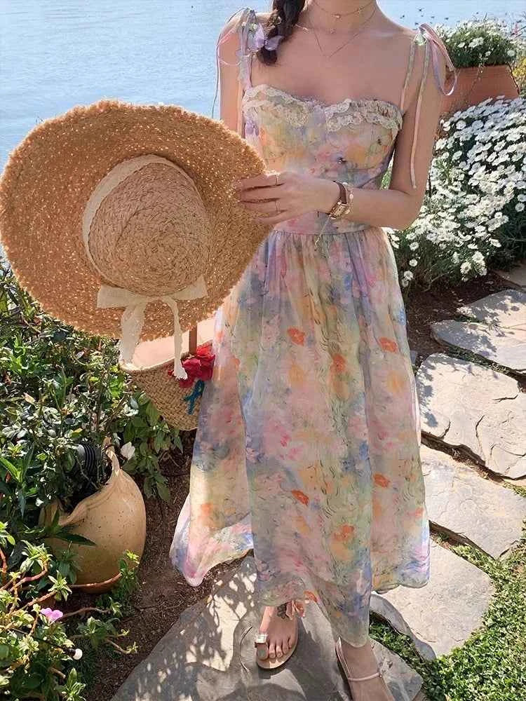 French Elegant Floral Strap Dress Women Sweet Beach Style Korean Fashion Clothing Evening Party Vintage Midi Dress Evening Party