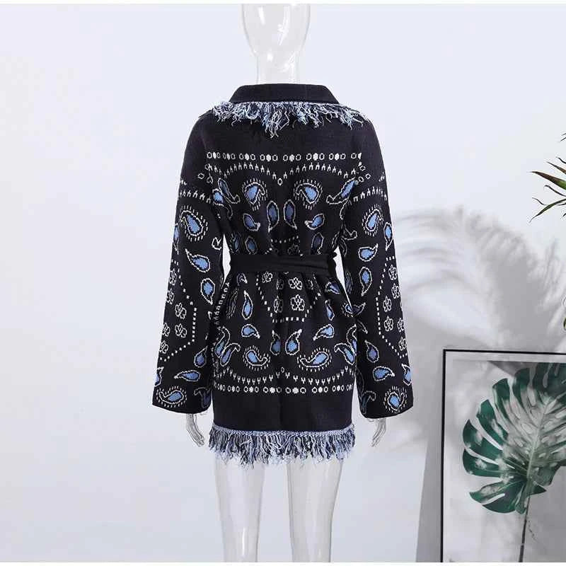Vintage Tassels Print Women's Print Cardigan V-Neck Lace Up Full Sleeve Spliced Sweaters 2025 Autumn Lady All-match Kintwears