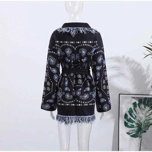 Vintage Tassels Print Women's Print Cardigan V-Neck Lace Up Full Sleeve Spliced Sweaters 2025 Autumn Lady All-match Kintwears