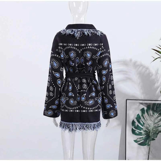 Vintage Tassels Print Women's Print Cardigan V-Neck Lace Up Full Sleeve Spliced Sweaters 2025 Autumn Lady All-match Kintwears