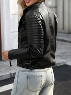 Ailegogo Women's Black Faux Leather Moto Biker Jacket with Zipper