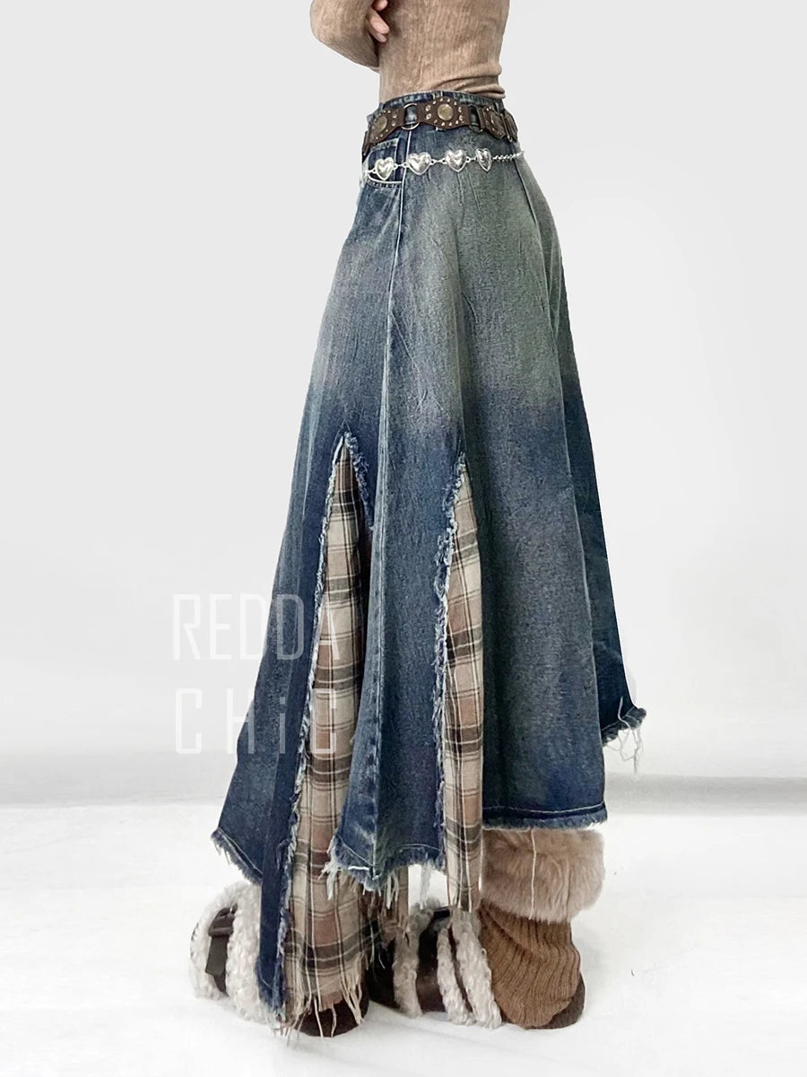 REDDACHiC Women's Patchwork Plaid Denim Maxi Skirt