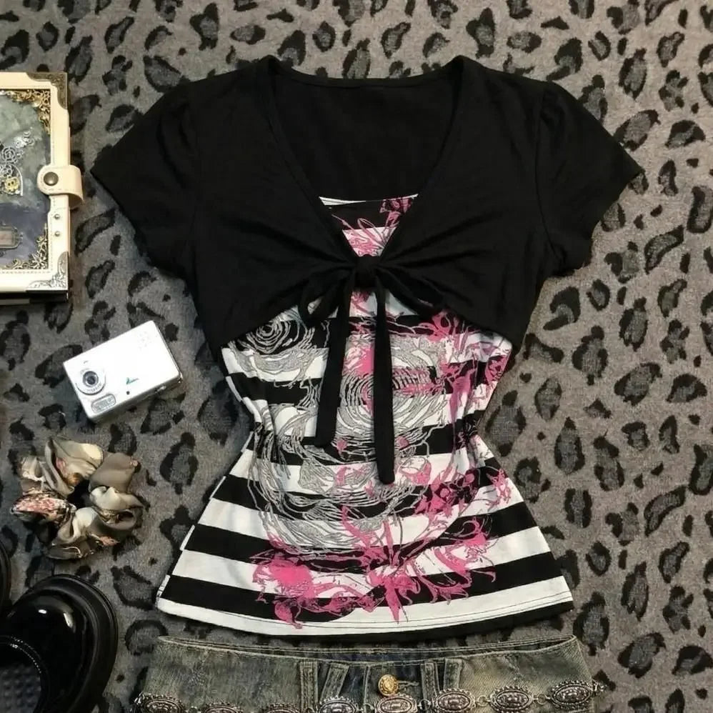 Harajuku Gothic Punk Short Sleeve T-shirts Women Subculture Printed Y2k Crop Top Tees Summer Casual American Vintage T Shirts