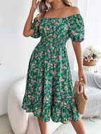 Summer Women's Beach Dress Floral 3D Print Square Neck Short-Sleeved Ladies Waist Ruffled A-Line Dress For Women Holiday Dresses