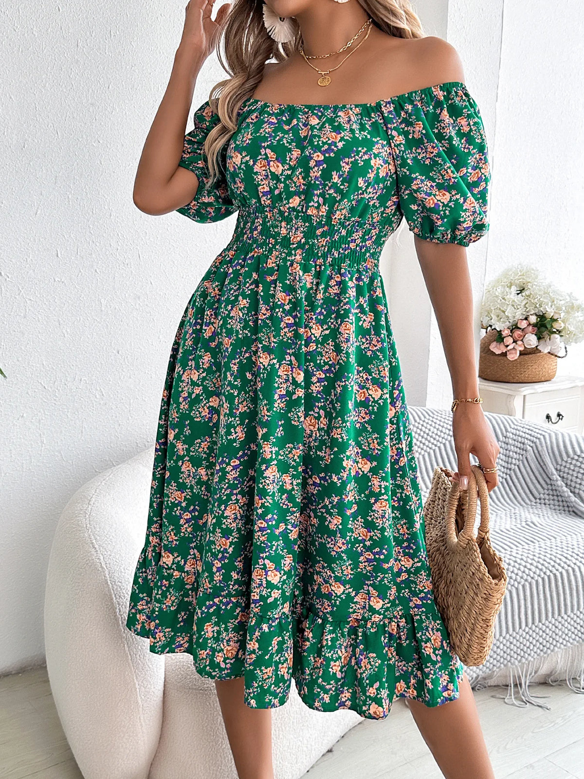 Summer Women's Beach Dress Floral 3D Print Square Neck Short-Sleeved Ladies Waist Ruffled A-Line Dress For Women Holiday Dresses