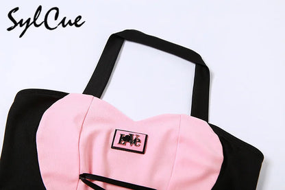 Sylcue Stitching Pink Sexy Hanging Neck Elastic Outer Wear Mature Charm Hot High Street Royal Sister Women's Vest Short Top SS69