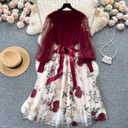 SINGREINY Senior Knitted Patchwork Dress Long Lantern Sleeves Bow Mesh Embroidery Floral Women Autumn France Elegant Party Dress