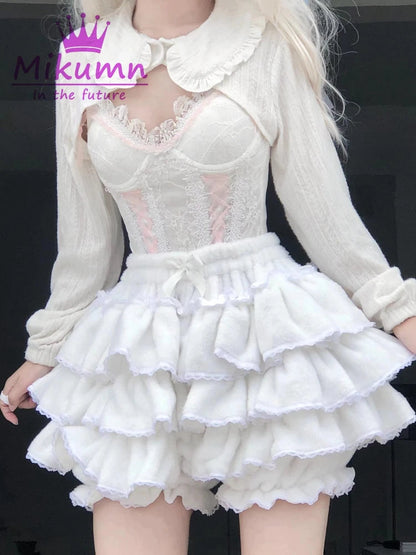 Harajuku Y2k Sweet Pink White Pumpkin Pants Lolita Autumn Winter JK Plush Shorts Japanese Kawaii Ruffles Lantern Shorts SS69