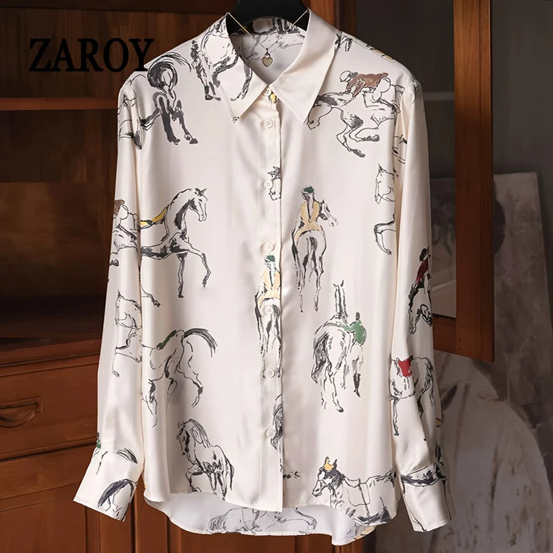 Camisas Newest Exclusive Women Luxury Shirt Long Sleeve Lapel Satin Shirt Old Money Print Brand Design Shirt OL Blouse руба