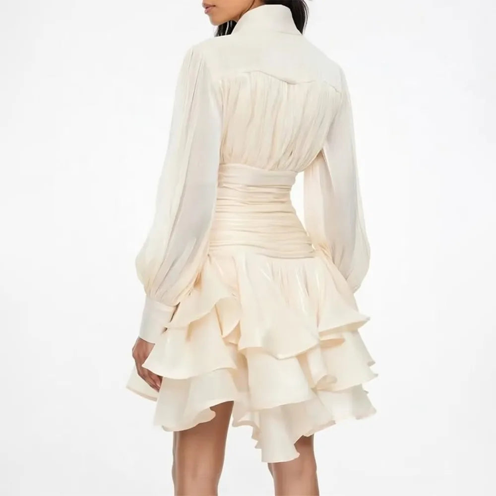 TWOTWINSTYLE Solid Spliced Ruffles Dress Female Stand Collar Long Sleeve Loose French Elegant Women's Dresses Autumn Fashion New