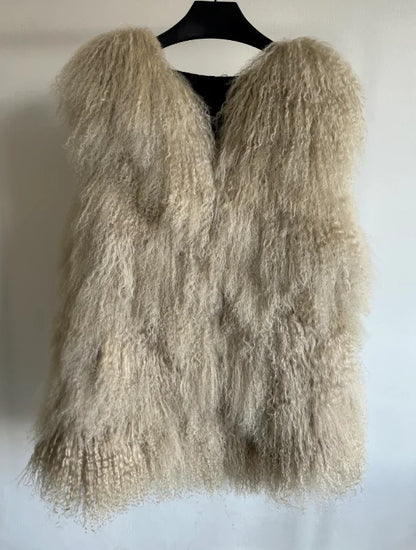 New Real Sheep Fur Vest 100% Natural Mongolia Fur Gilet Pure Long Fur Genuine Fur Oversize Vest ksr801