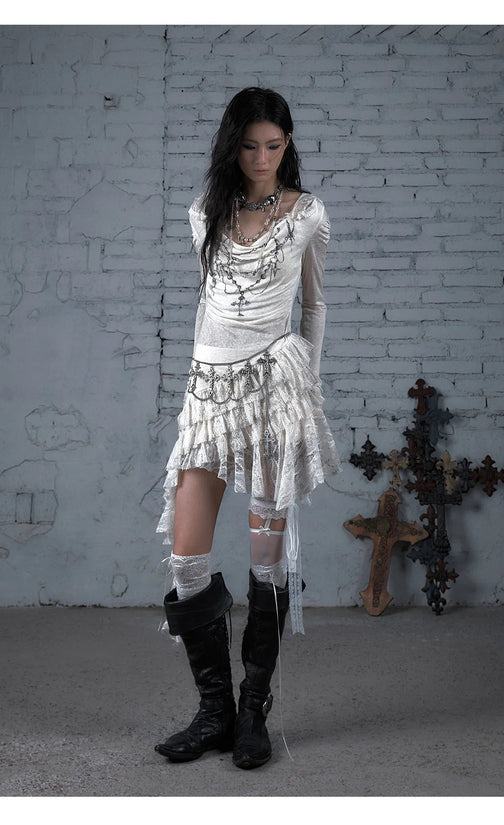 NO ROMANCE Fairy Sexy Punk Printing Half Transparent Lace Patch Knitted Long Sleeve Hooded Dresses Rock Gothic Design Vestidos SS69