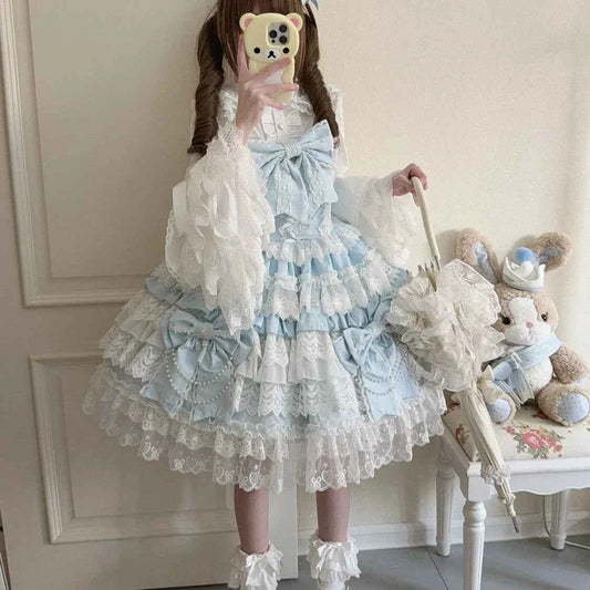 Women's Pink Lolita Dress Cape Set New Spring Women's Sweet Girl Lace Princess Jsk Cake Dress Fairy Suspender Dress Shirt Outfit