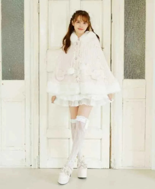 Autumn and Winter Japanese Liz Furry Knitted Cape Coat Sweet Girls Women Mine Series Cute Bow Princess Hooded Kawaii Lolita Coat