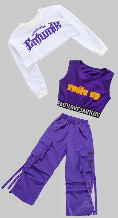 Girls K-Pop Street Dance Outfit: Purple Crop Top & Cargo Pants