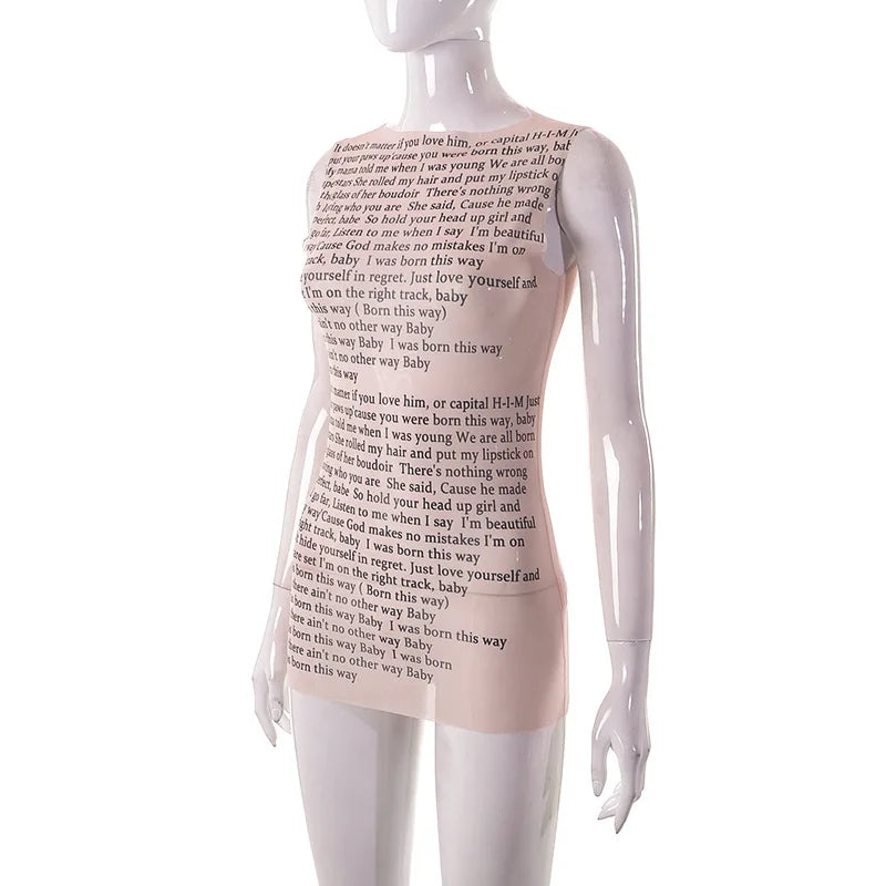 Fashion Trendy Round Collar Sleeveless Tank Mesh Sexy Article Print Slim Casual Top Women Hipster Wear SS69