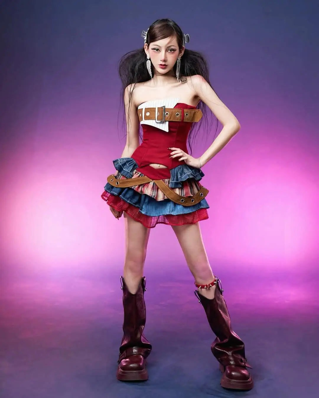 Preppy Style Vintage Red Denim Bustier Tops + Sweet Spicy Pure Design Mini Cake Skirt Women 2 Piece Sets Summer 2025 Korea Style SS69