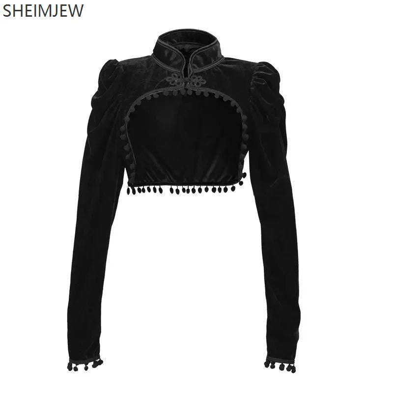 Medieval Steampunk Jacket Black Tassel Stand Collar Short Top Women Gothic Coat Navel-exposed Long Sleeve Retro Slim Fit Coats SS69 19.69 Black / XL / CHINA