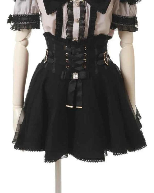 Japanese Liz New Summer Lace Edge Leather Ring High Waist Pleated Skirt Ribbon Bow All-match Short Skirts Big Bow Lolita Blouses
