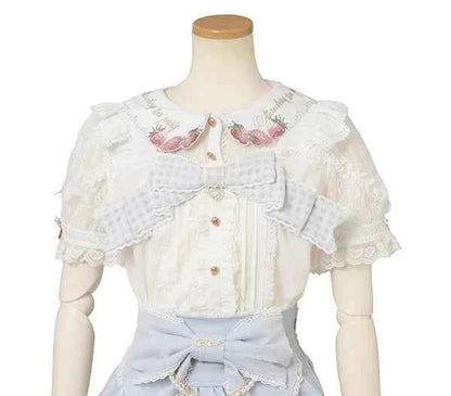 Japanese New Liz Plaid Bow Lolita Strawberry Embroidered Short Sleeve Shirt Women's Spring Summer Sweet Blouse Shirts
