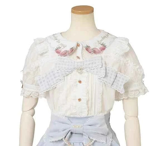 Japanese New Liz Plaid Bow Lolita Strawberry Embroidered Short Sleeve Shirt Women's Spring Summer Sweet Blouse Shirts