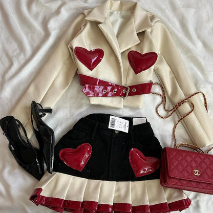 Y2K Womens Street Clothing Heart shaped Leather Clothing Two Punk Jacket Cut Denim Patchwork Retro Pleated Mini Skirt Jacket Set SS69