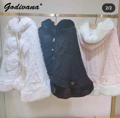 Japanese Sweet Soft Thick Women's Double-Layer Big Ribbon Hooded Knitted Cloak 3 Colors Autumn and Winter Ponchos Warm Jacket