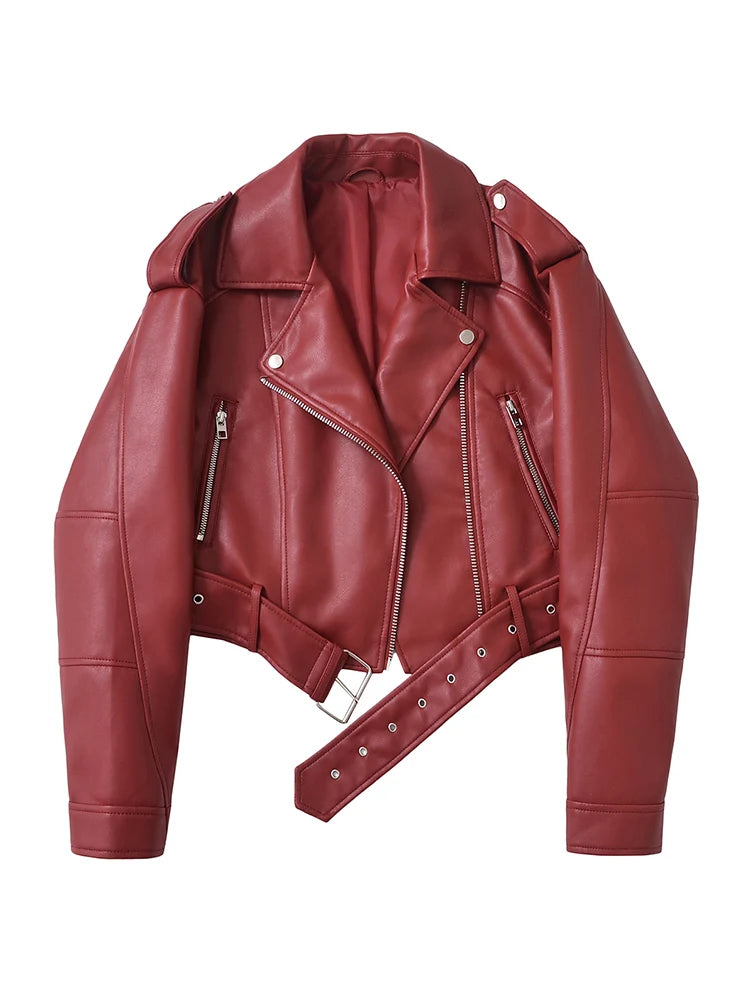 Ailegogo Women's Faux Leather Moto Jacket with Belt