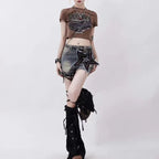 Harajuku Denim Black Leg Warmers with Cross Patchwork
