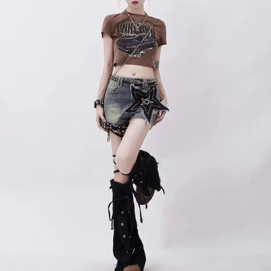 SS69 Harajuku Denim Black Leg Warmers with Cross Patchwork Knee-High Gaiters
