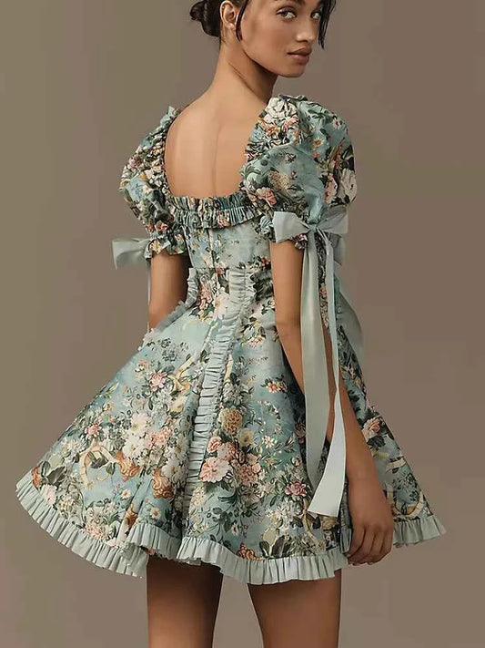 New Plus Size Women's Lace Square Collar Mini Dress With Floral Print Lantern Short Sleeves Dress Party Elegant Evening Dresses