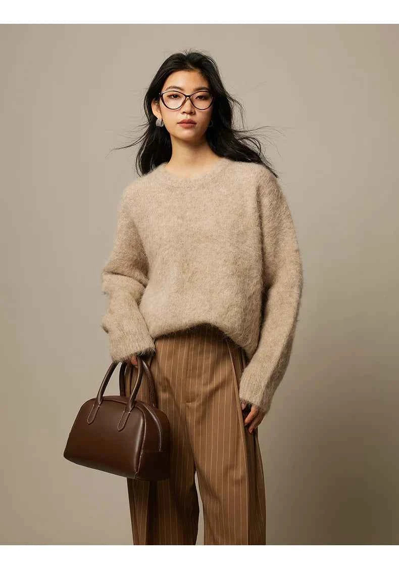 Warm Alpaca Pullovers for Woman, Dropped Sleeved Loose Sweaters, 2025 Fall Winter Top, Camel, Beige