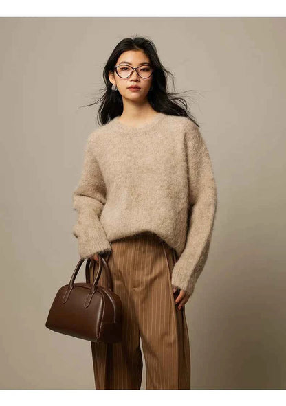 Warm Alpaca Pullovers for Woman, Dropped Sleeved Loose Sweaters, 2025 Fall Winter Top, Camel, Beige