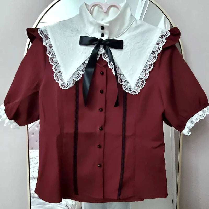 Gothic Y2k Lolita Shirt Japanese Harajuku Girls Sweet Lace Ruffles Bow Puff Sleeve Blouses Women Punk Clothes Tops Blusas Mujer SS69 34.69 Red / S
