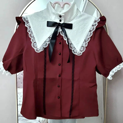 Gothic Y2k Lolita Shirt Japanese Harajuku Girls Sweet Lace Ruffles Bow Puff Sleeve Blouses Women Punk Clothes Tops Blusas Mujer SS69 34.69 Red / S