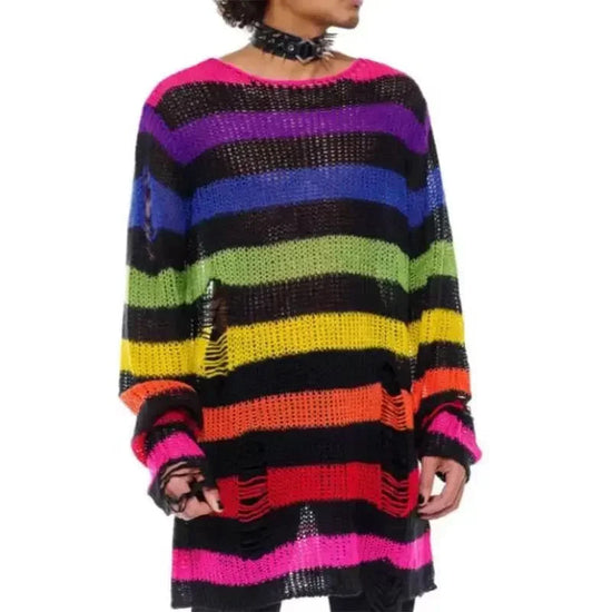 2024 Purple Striped Gothic Sweaters Women Ripped Holes Loose Knitted Pullover Frayed Fairy Grunge Jumpers Emo Streetwear Lolita SS69 17.69 Multicolor / One Size