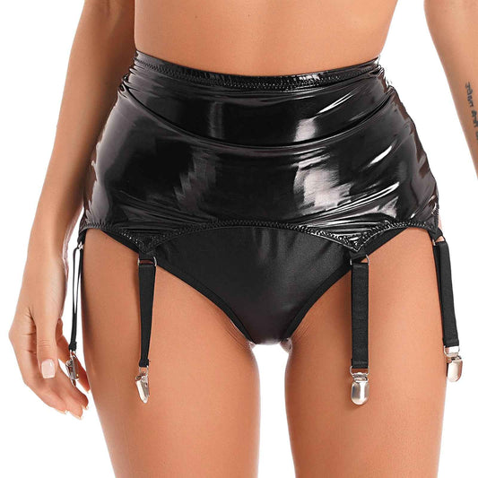 Womens Garters Suspender Belt Skirts Ladies Wet Look Mini Skirts Leather Garters with Metal Clips Clubwear Costume Underwear