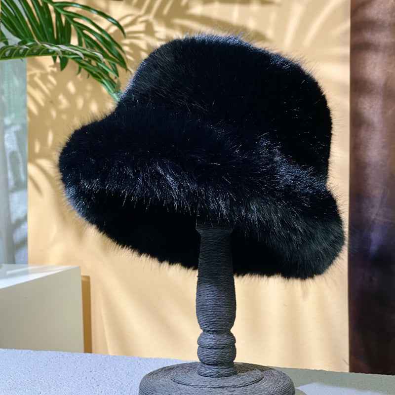 2025 Fluffy Faux Fur Bucket Hats Women Rabbit Fur Warm Thick Plush Winter Hat Lady Fashion Luxury Panama Furry Fisherman Cap Y2k