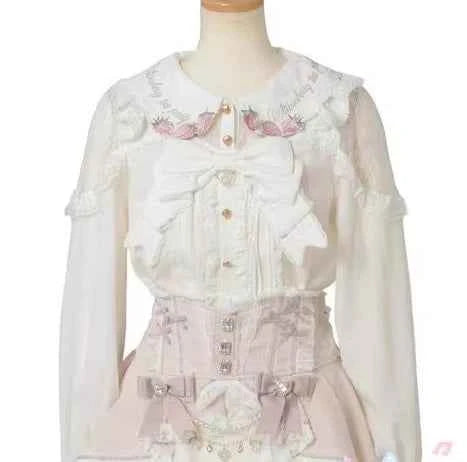 Japanese New Liz Plaid Bow Lolita Strawberry Embroidered Short Sleeve Shirt Women's Spring Summer Sweet Blouse Shirts