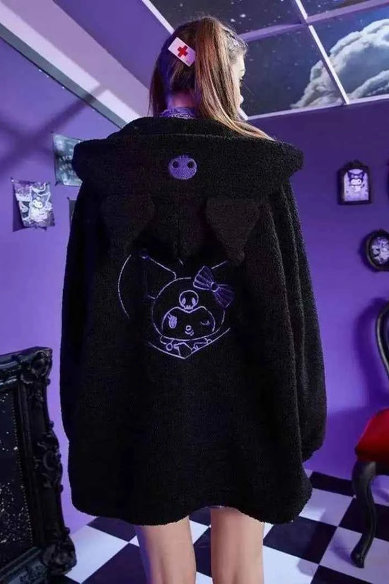 Sanrio New Hoodie Hooded Kuromi Cute Thicken Coat Fleece-Lined Embroidery Women's Loose Plus Size Hoodie Autumn and Winter Ins