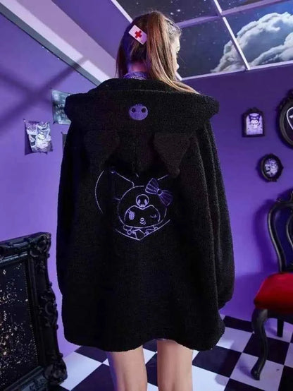 Sanrio New Hoodie Hooded Kuromi Cute Thicken Coat Fleece-Lined Embroidery Women's Loose Plus Size Hoodie Autumn and Winter Ins