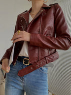 Women's PU Leather Motorcycle Jacket - Slim Fit, Turn-Down Collar