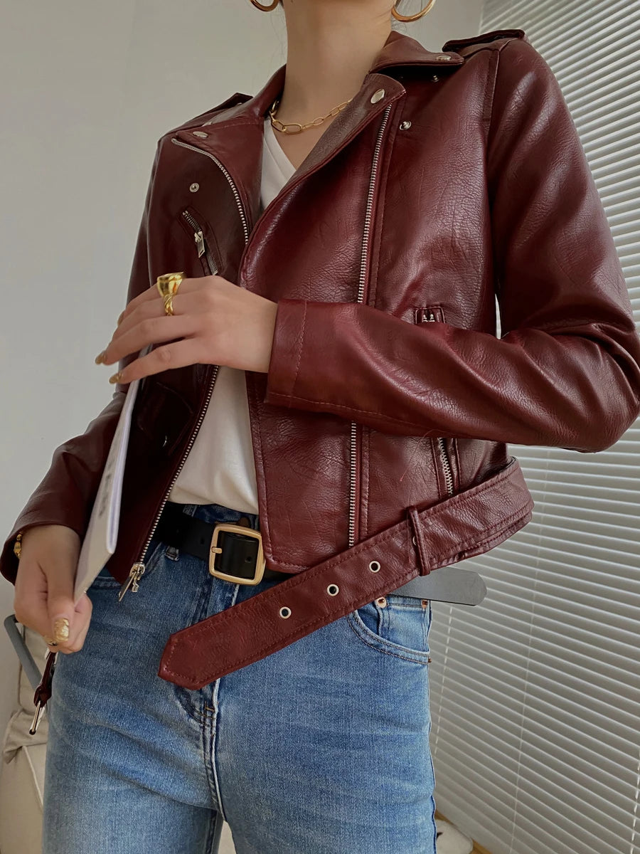 Women's PU Leather Motorcycle Jacket - Slim Fit, Turn-Down Collar